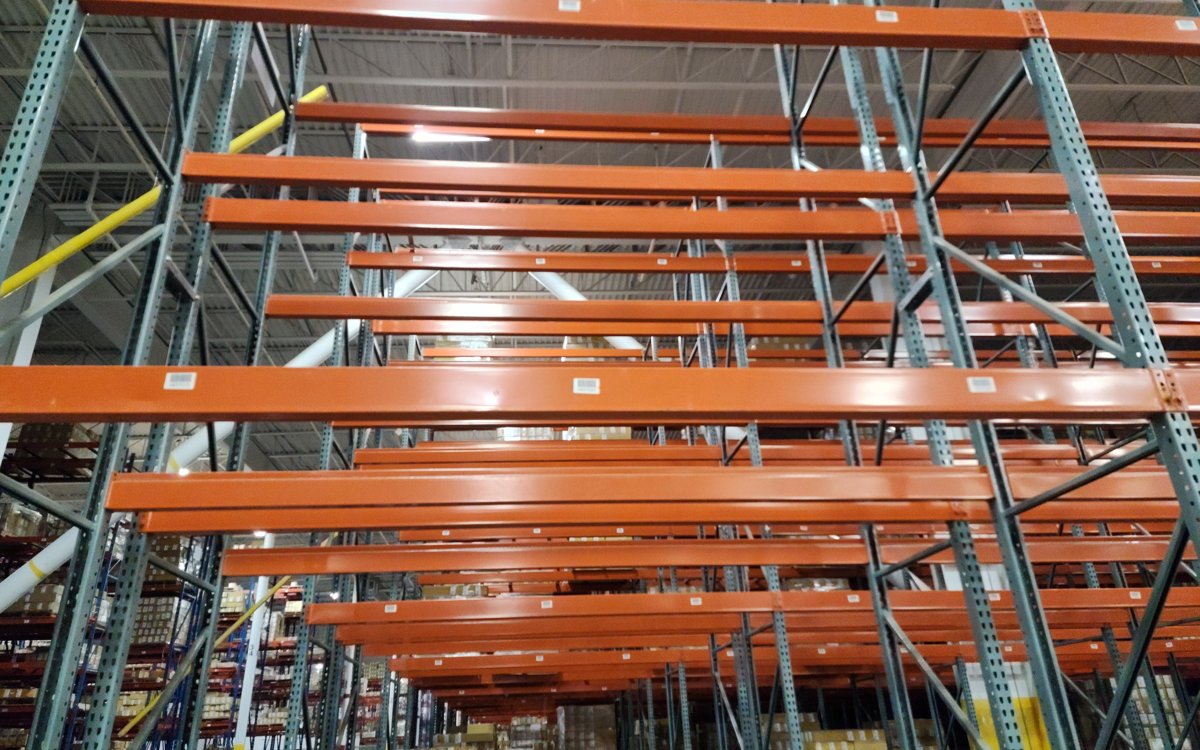 Installed pallet rack sections at a storage facility