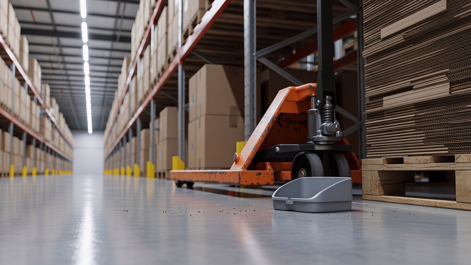 A pallet truck in a deep-lane storage aisle with column protectors and dense racking