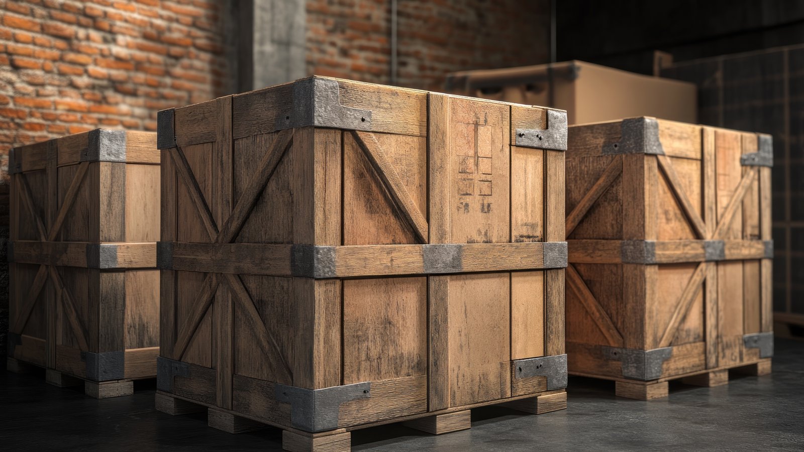 Aged wooden shipping crates on pallets in an old brick warehouse