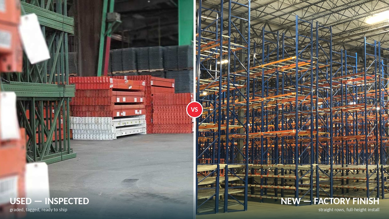 Split-frame comparison: inspected used rack section next to a freshly installed new rack section