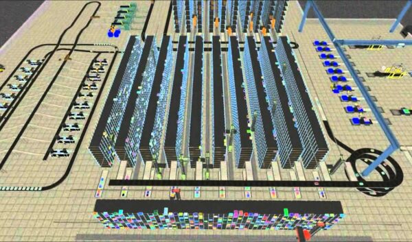 The image is a 3D model of a warehouse pallet rack shelving system. It provides an overhead view of an organized layout, showing multiple long rows of tall shelving units. Each pallet rack shelving unit is filled with various colored items, representing different types of stored goods. The warehouse also features several conveyor belts and automated guided vehicles (AGVs) moving around the facility, indicating a highly automated operation. There are designated areas for packing stations and loading docks, as well as pathways for efficient movement of goods. The overall design illustrates a well-planned and optimized warehouse environment for storage and distribution.