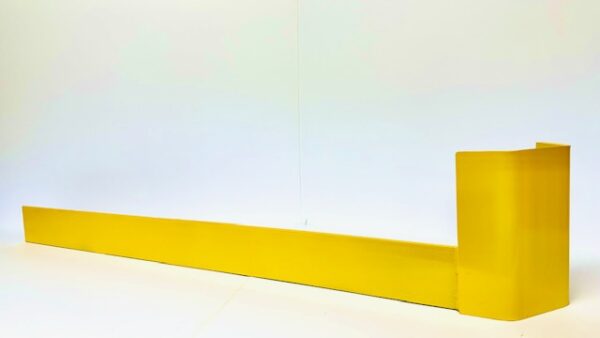 The image shows a yellow end-of-rack guard designed to protect the ends of storage racks in a warehouse or industrial setting. The guard features a long horizontal beam that extends to shield the lower portion of the rack, and a vertical section that wraps around the end of the rack for additional protection. The bright yellow color ensures high visibility, making it easy for forklift operators and other personnel to see and avoid collisions. The guard is constructed from durable material, ensuring it can withstand impacts and provide effective protection against damage. The smooth finish and solid build emphasize its reliability and safety features.